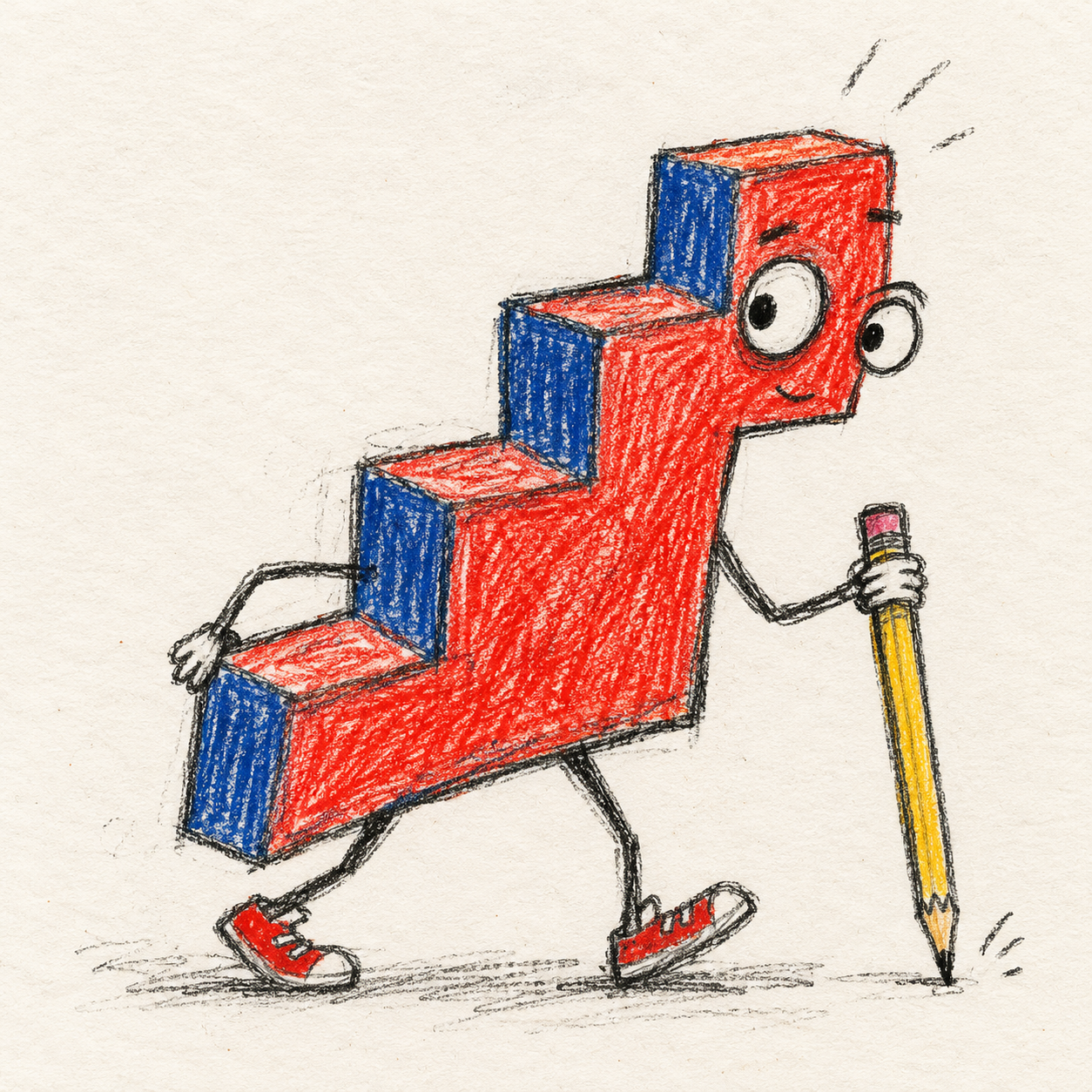 A hand-drawn red and blue staircase walking in sneakers and carrying a pencil